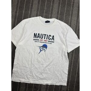 Nautica Shirt‎ Mens 2XL White Spell Out Marlin Graphic Vtg 90s Made In USA